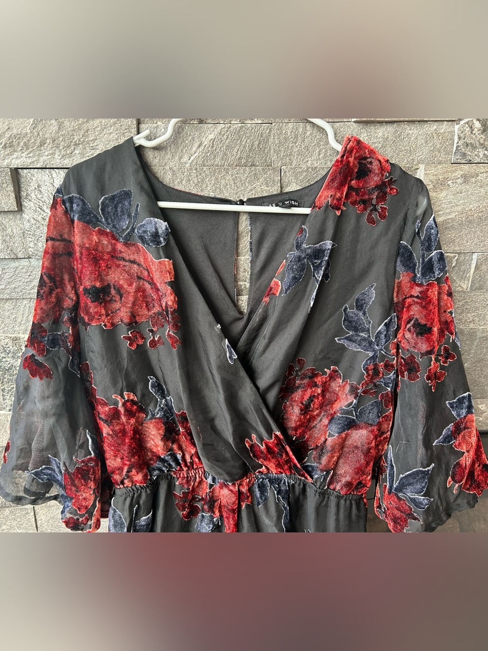 As U Wish Black Romper with Velvet Floral Burnout Pattern - Picture 3 of 5